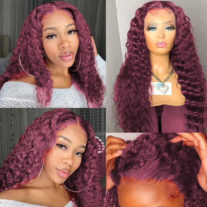 Red Bundles #99j Deep Wave 3 Bundles With 13x4 HD Lace Frontal Human Hair