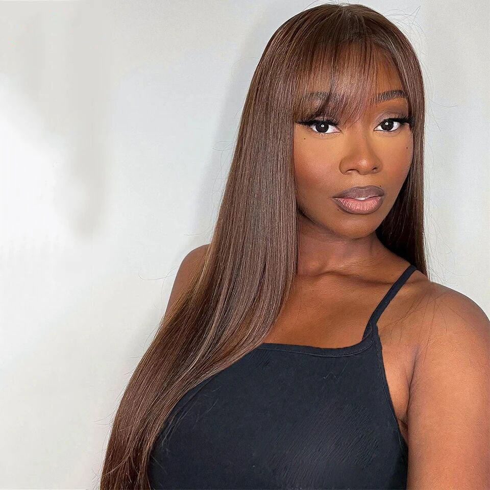 Lumiere Straight  180% Density Dark Brown Color Wig With Bang 13x4 Transparent Lace Front Wigs Human Hair For Black Women HDZ