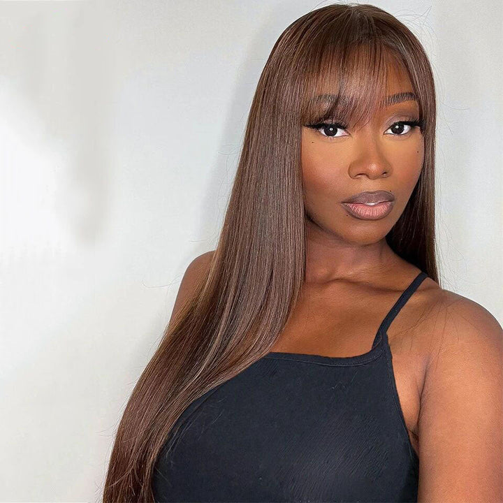 Lumiere Straight  180% Density Dark Brown Color Wig With Bang 13x4 Transparent Lace Front Wigs Human Hair For Black Women HDZ