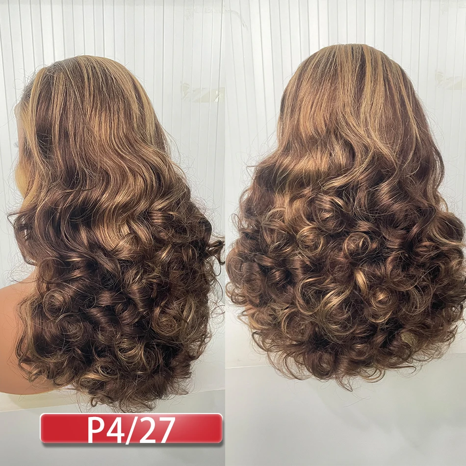 Customized 250% Density Super Double DrawnHighlight P4/27 Bouncy Curly Glueless 13X4 Full Frontal Wigs Transparent Lace 100% Human Hair| Lumiere