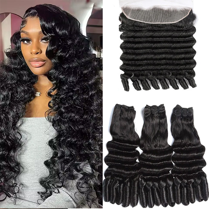 Lumiere Funmi Loose Deep 3 Bundles with 13x4 Frontal HD Lace Burmese Curly Human Hair for Women