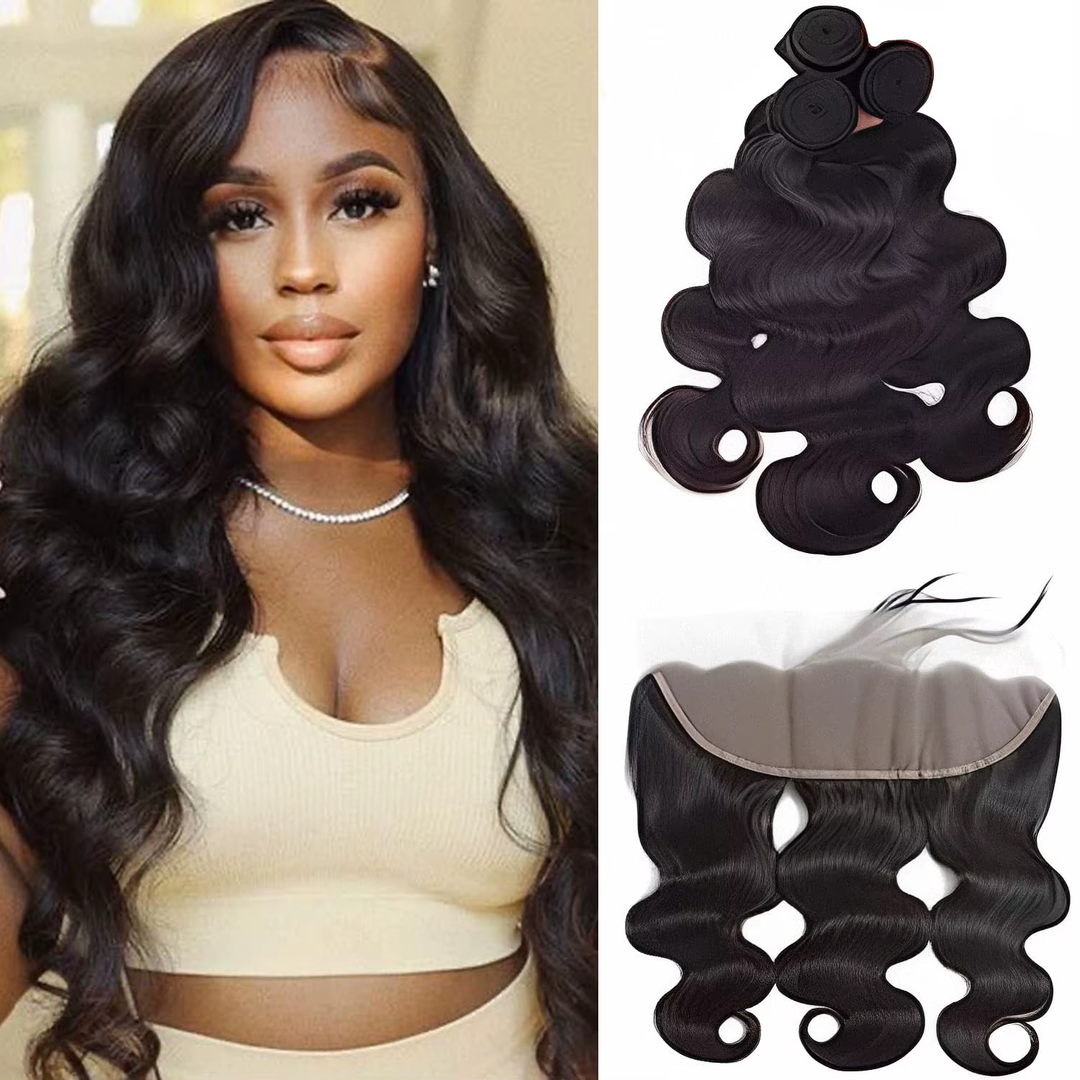 (B2) Body Wave 3 Bundles Human Hair With Frontal 13x4 Transparent Lace Frontal 100% Natural Human Hair Extensions Brazilian Real Hair