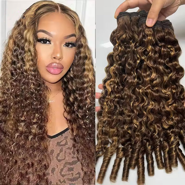 Lumiere Hair Highlight P4/27 Burmese Curly Human Hair 3 Bundles Extension Hair Weave Bundles
