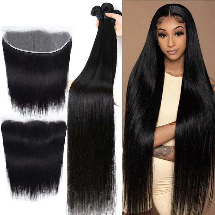 (B1) Brazilian Straight 3 Bundles With 13x4 Frontal 30 40 Inch Remy Hair Extension
