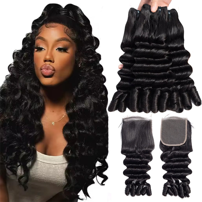 Lumiere Burmese Curly Funmi Loose Deep 3 Bundles with 4x4 Lace Closure Human Hair Extension