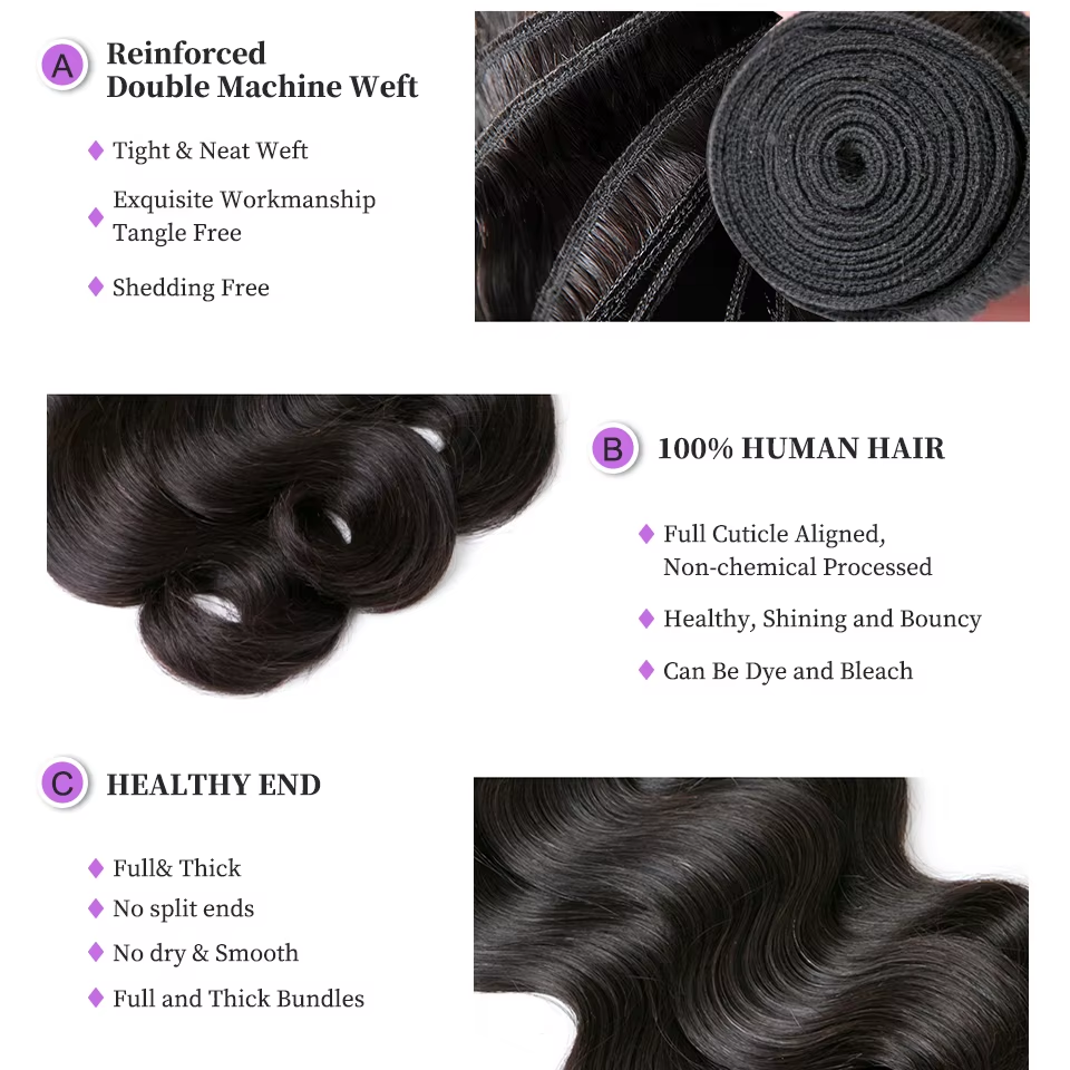 (B2) Body Wave 3 Bundles With 4x4  Lace Closure Brazilian Human Hair Extension