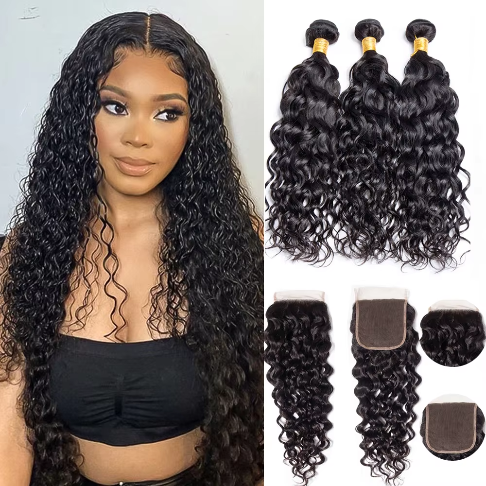 Lumiere  15A Brazilian Water Wave 3 Bundles With 4x4 Lace Closure Virgin Human Hair Lace Closure with Bundle Hair Extensions For Women