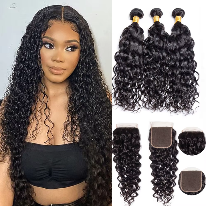 Lumiere  15A Brazilian Water Wave 3 Bundles With 4x4 Lace Closure Virgin Human Hair Lace Closure with Bundle Hair Extensions For Women