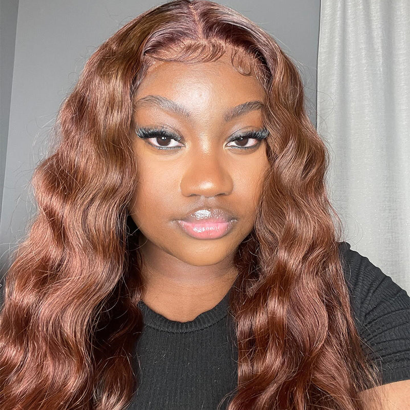 Chocolate Brown Loose Deep Wave Frontal Wig HD Transparent Lace Front Human Hair Wigs For Women