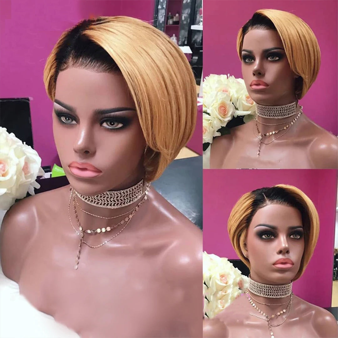 Ship In 24Hours-Lumiere 1B/27 Ombre Straight Pixie Cut Short Bob 13x4x1 T Lace Front Human Hair Wig