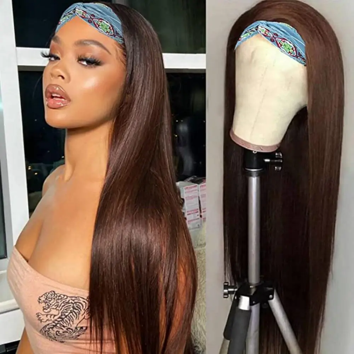 Color #4 Brown Straight Headband Human Hair Wigs For Black Woman