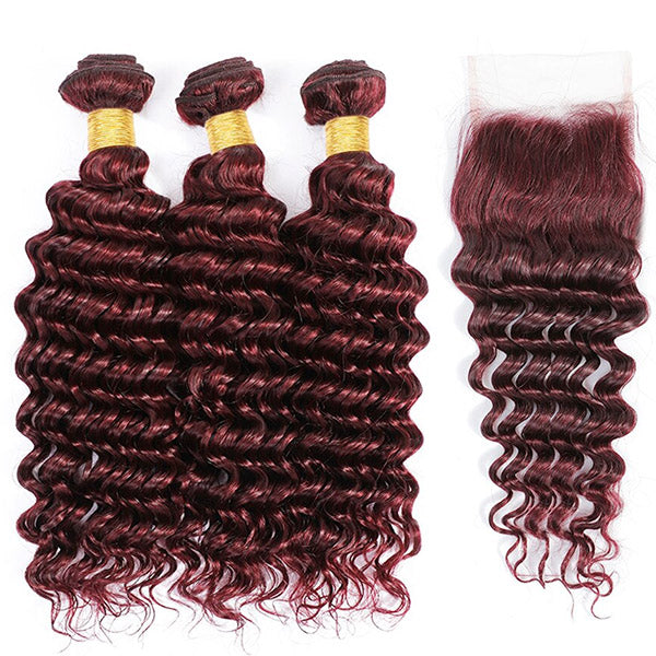 Red Bundles 99J Colored Deep Wave 3 Bundle With 4X4 Closure HD Transparent Lace