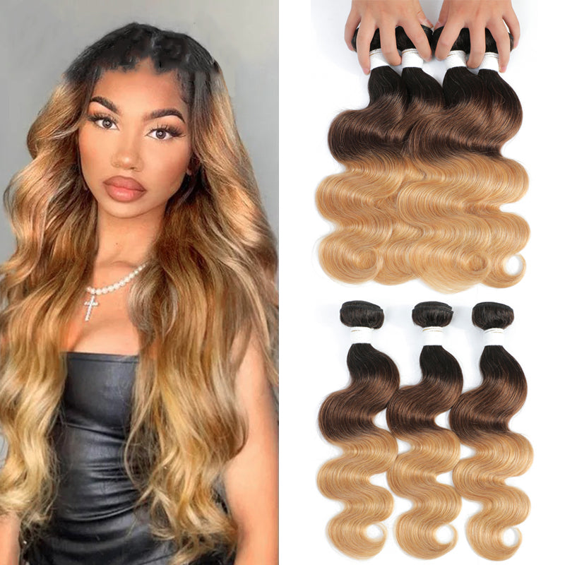 Brazilian Body Wave Human Hair 4 Bundles Ombre Brown 3 Tone 1B/4/27 Colored Human Hair Weave Bundle Virgin Hair