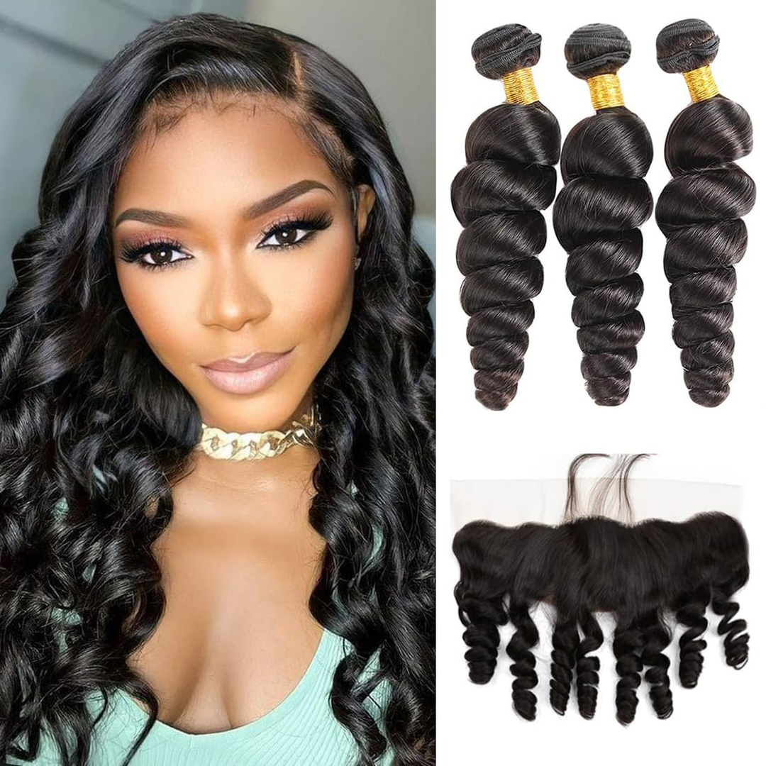 (B2) Loose Wave 3 Bundles Human Hair With Frontal 13x4  Lace Frontal 100% Natural Human Hair Extensions Brazilian Real Hair