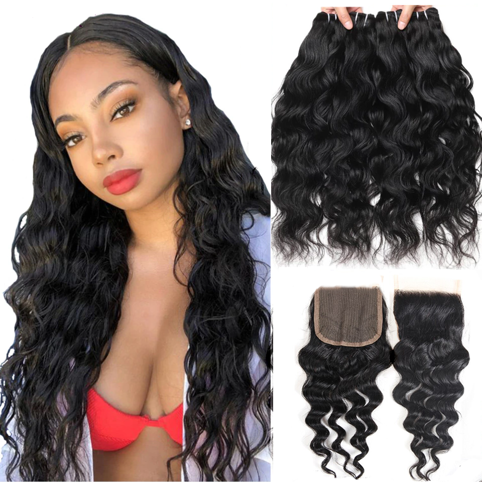 Natural Wave 3 Bundles With 4x4 Closure 100% Virgin Human Hair Middle and Free Part