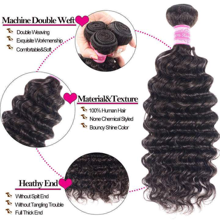 Deep Wave 3 Bundles With Closure 6x6 lace 100% virgin human hair