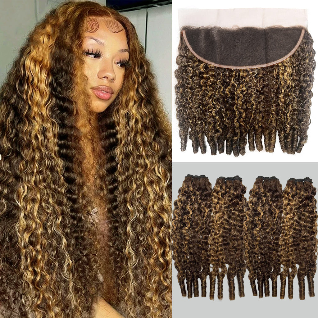 Lumiere Highlight P4/27 Colored Burmese Curly 4 Bundles With 13X4 Frontal Transparent Lace