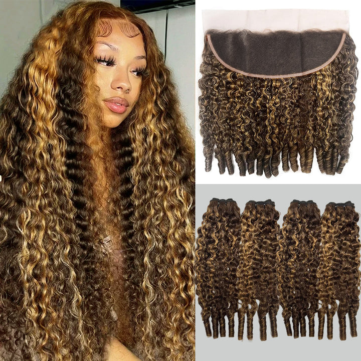 Lumiere Highlight P4/27 Colored Burmese Curly 4 Bundles With 13X4 Frontal Transparent Lace