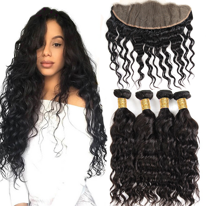 Natural Wave 4 Bundles With 13x4 Lace Frontal 100% Virgin Human Hair Bundles