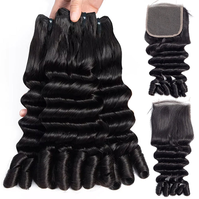 Lumiere Hair Funmi Loose Deep 4 Bundles with 4x4 Lace Closure Burmese Curly Natural Black For Woman