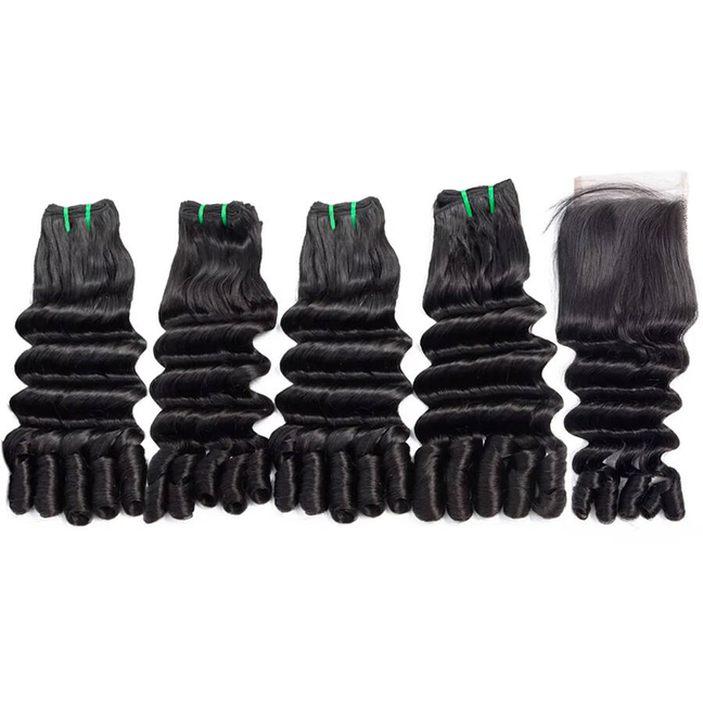 Lumiere Hair Funmi Loose Deep 4 Bundles with 4x4 Lace Closure Burmese Curly Natural Black For Woman