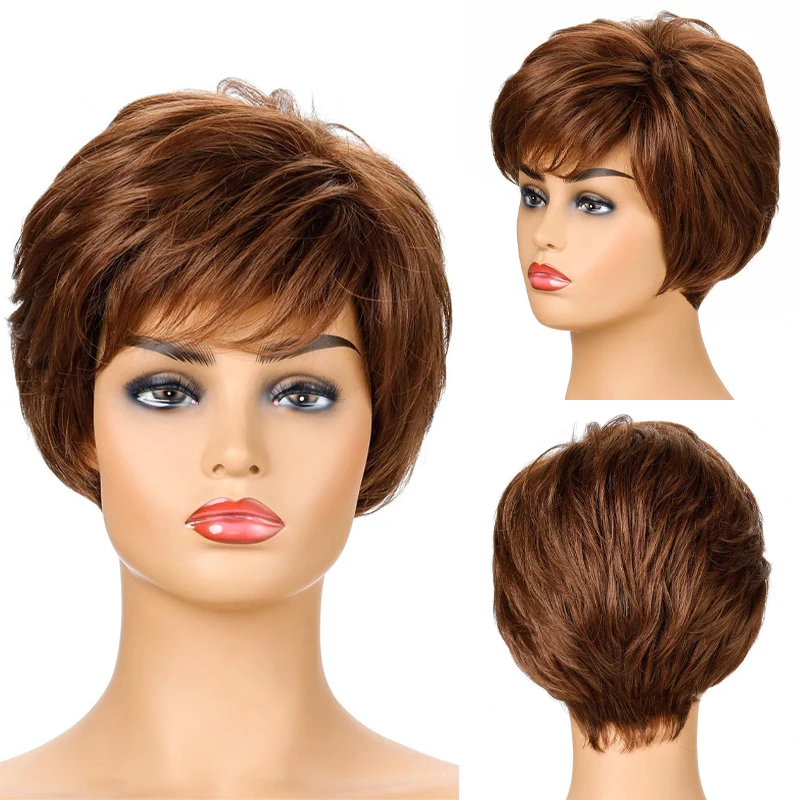 New Pixie Cut Colored Short Straight Full Machine Wigs with Natural Bangs Bob Wig