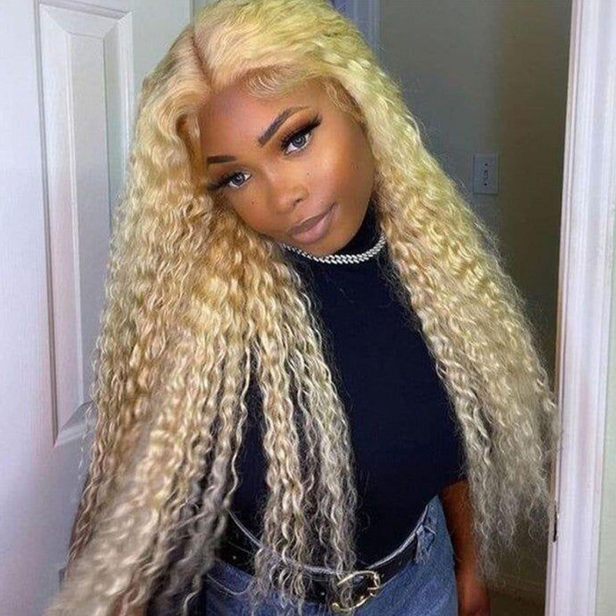 613 Blonde Water Wave T Part Lace Human Hair Wig For Women