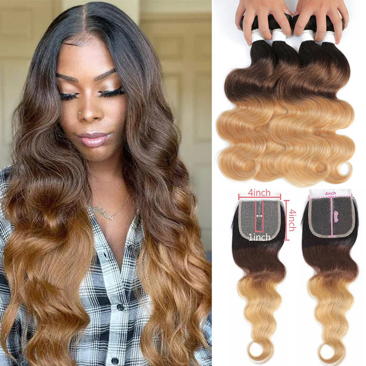 Brazilian Ombre 1b/4/27 Body Wave 4 Bundles with 4X4 Closure Human Hair