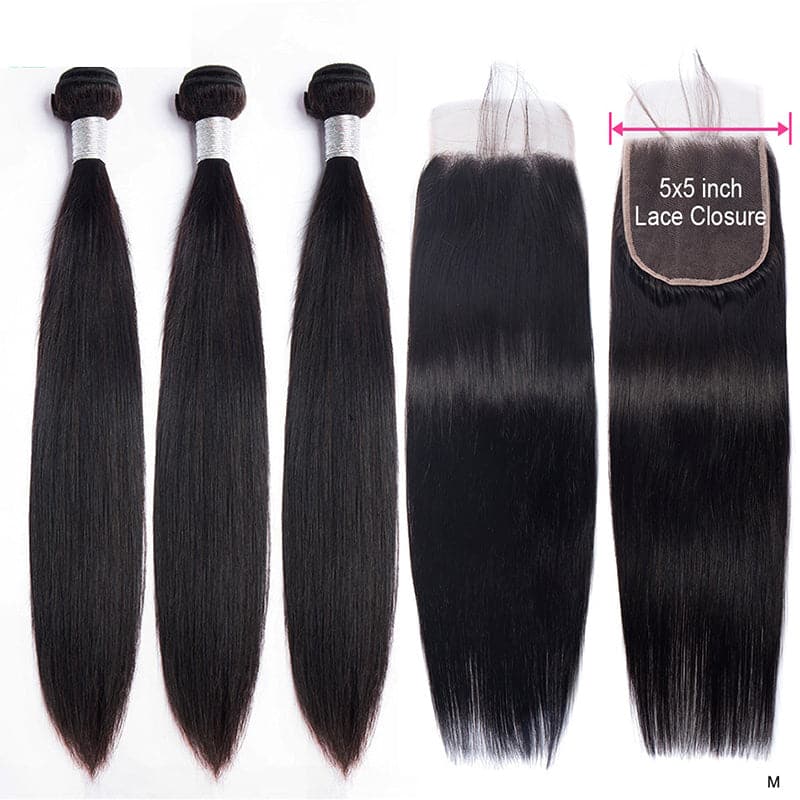 Straight 3 Bundles With Closure 6x6 lace 100% virgin human hair