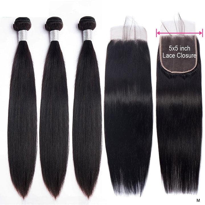 Straight 3 Bundles With Closure 6x6 lace 100% virgin human hair