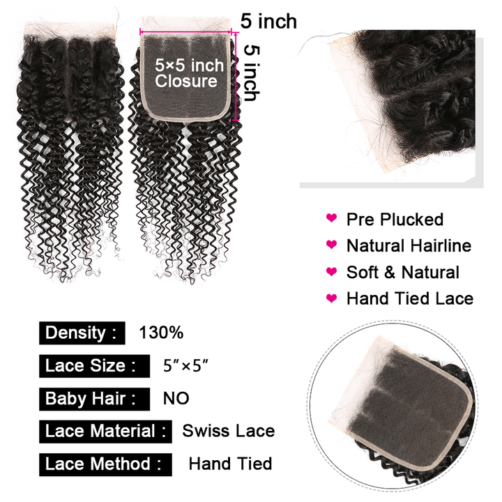 Kinky Curly 4 Bundles With Closure 6x6 Lace 100% virgin human hair