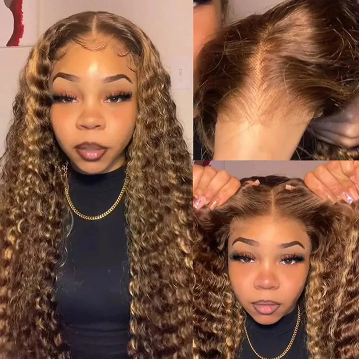 Lumiere Highlight Color P4/27 Deep Wave HD 4x4 & 5x5 lace Pre-cut Glueless Wig With Baby Hair