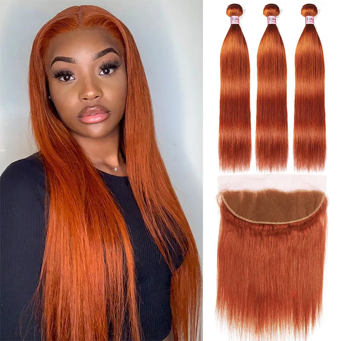#350 Orange Ginger Bone Straight Human Hair 3 Bundle With 13x4 Frontal Colored Human Hair   Extensions(No Code Need)