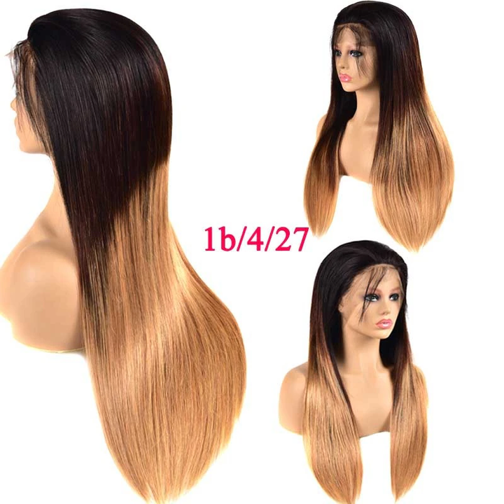3Tone Color Highlighted Wigs 13x4 Lace Frontal Wig 1b/4/27 Straight Human Hair Wigs with Highlights