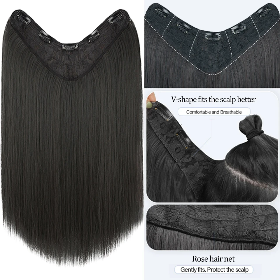 Long Straight V-Shaped Clip in Hair Extension One Piece 5 Clips Heat Resistant Hair For Women
