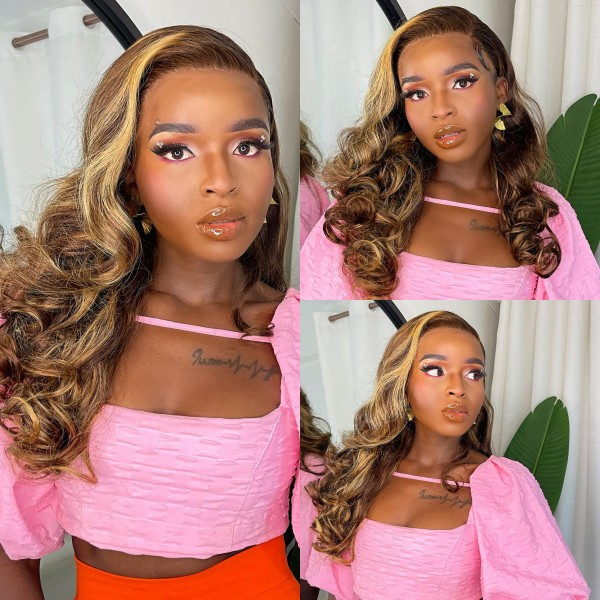 Customized 250% Density Super Double DrawnHighlight P4/27 Bouncy Curly Glueless 13X4 Full Frontal Wigs Transparent Lace 100% Human Hair| Lumiere