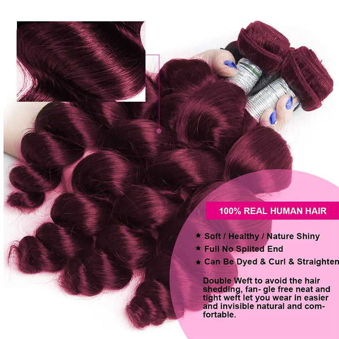 Red Bundles #99j Loose Wave 4 Bundles With 13X4 Frontal Transparent Lace