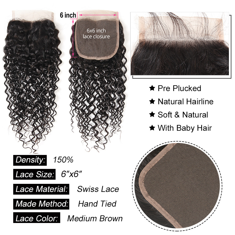 Kinky Curly 3 Bundles With Closure 6x6 lace 100% virgin human hair