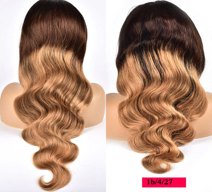 Highlighted Wigs 13x4 Lace Frontal Wig #T4/27  Color Body wave Human Hair Wigs with Highlights