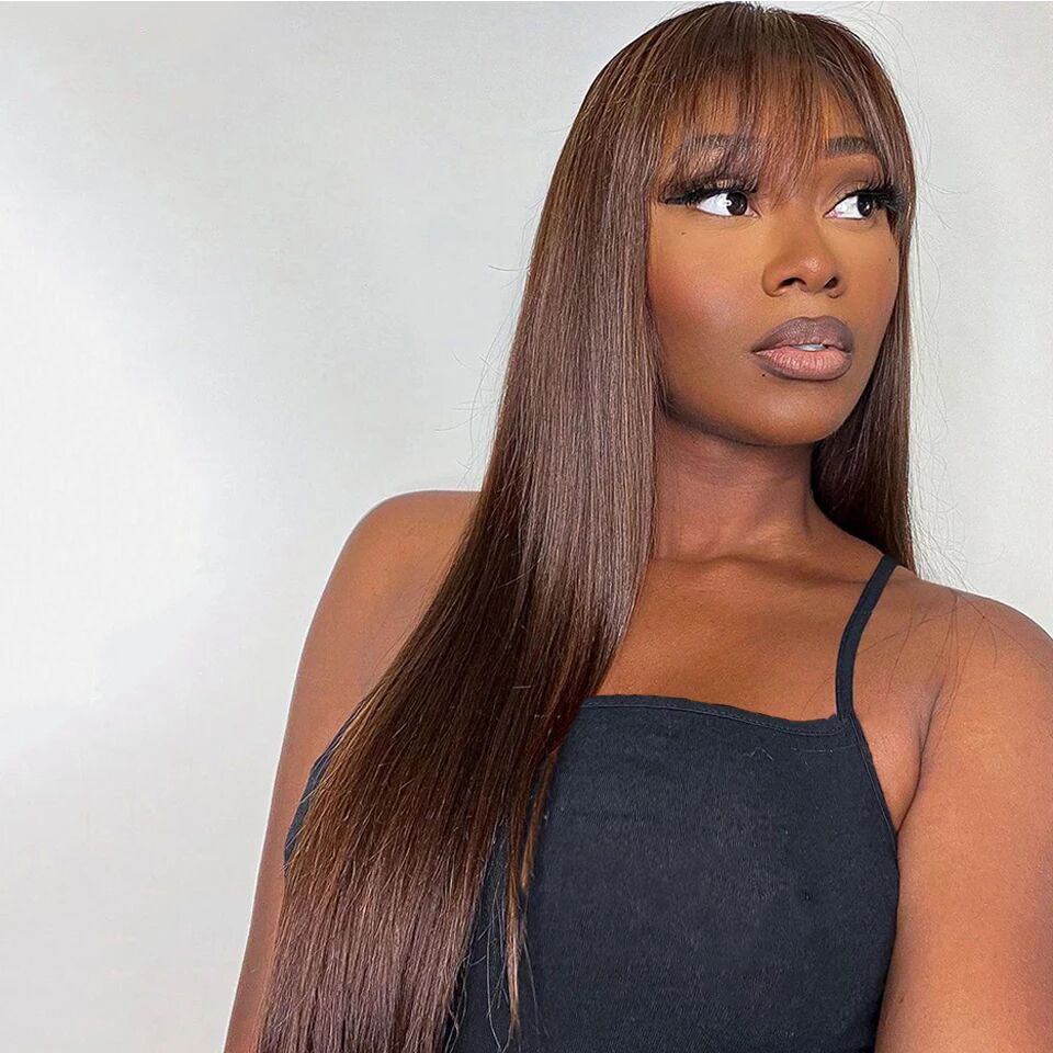 Lumiere Straight  180% Density Dark Brown Color Wig With Bang 13x4 Transparent Lace Front Wigs Human Hair For Black Women HDZ