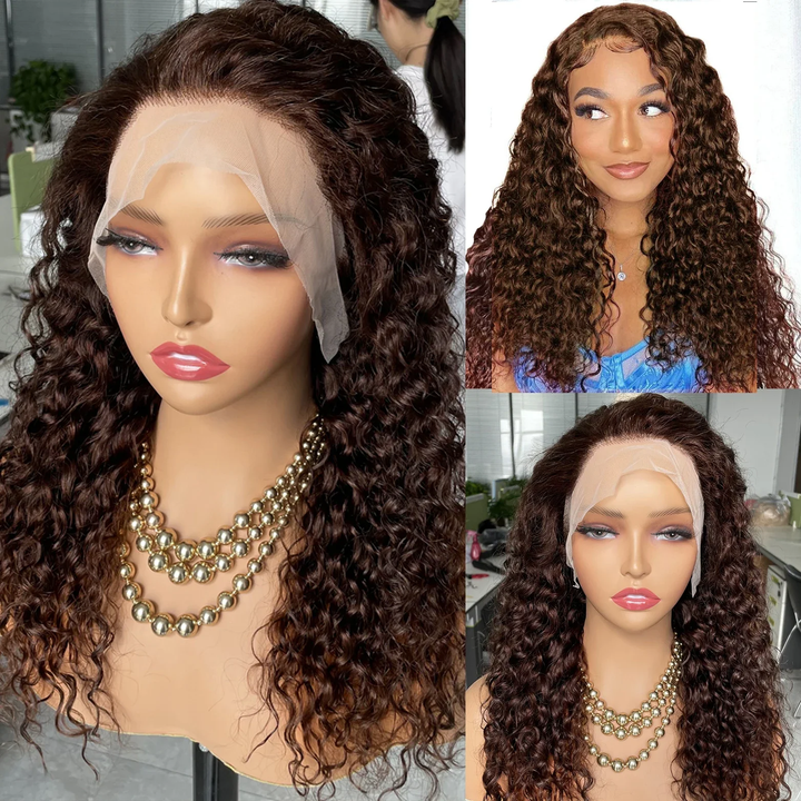 Perruques de cheveux humains avant de lacet sans colle de vague profonde de brun chocolat pour les femmes noires