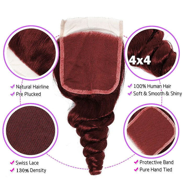 Red Bundles #99j Loose Wave 4 Bundles With 4X4 Lace Human Hair