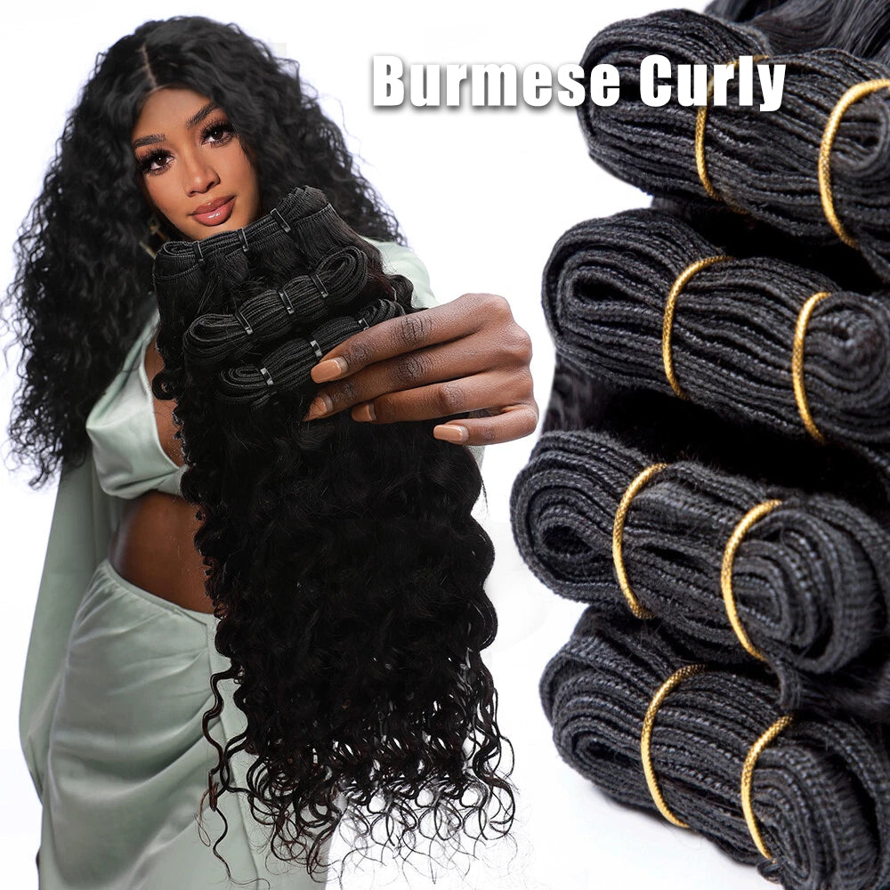 Lumiere Natural Black Burmese Curly 4 Bundles With 13x4 Lace Frontal Brazilian Virgin Hair