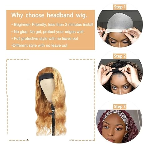 #27 Body Wave Headband Human Hair Wigs For Women 150% Density Glueless No Lace Wig Honey Blonde Headband Wigs