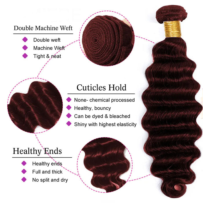 Red Bundles #99J  loose deep 3 Bundles With 4X4 Transparent Lace Closure  Human Hair