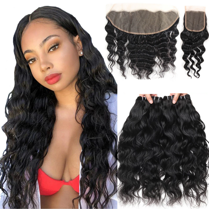Natural Wave 4 Bundles With 13x4 Lace Frontal 100% Virgin Human Hair Bundles