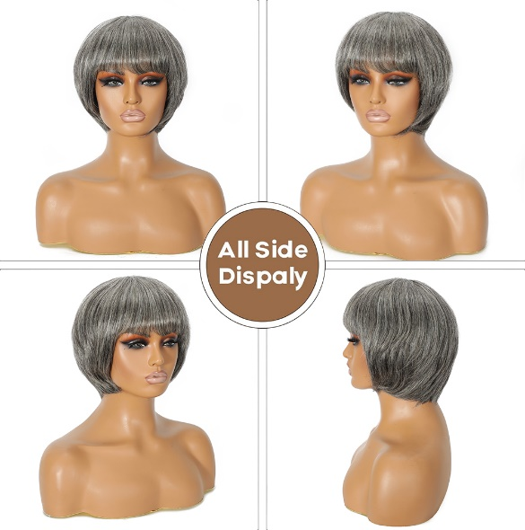 New Pixie Cut Salt And Pepper Colored Short Grey Bob Full Machine Wig