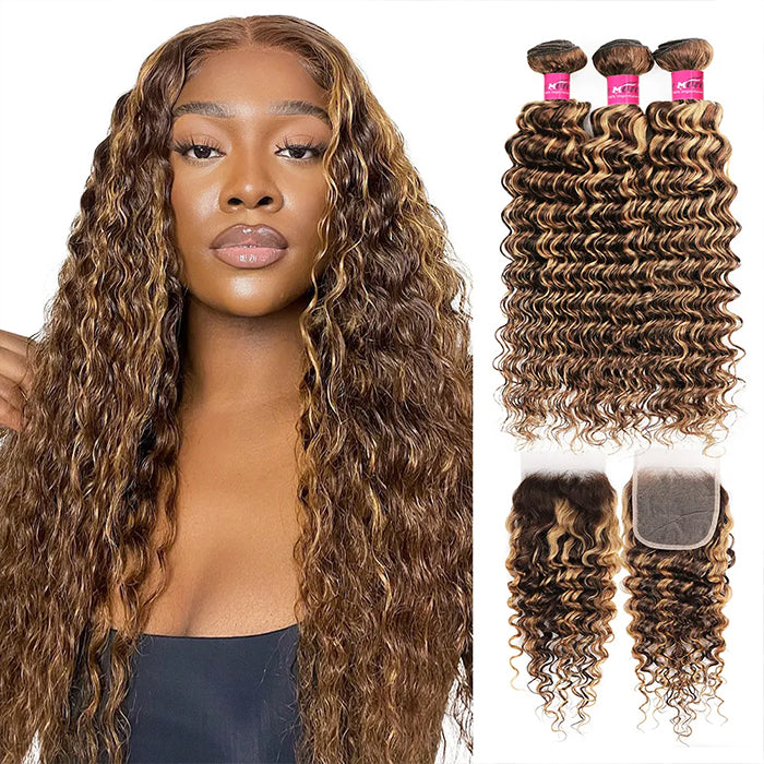 Lumiere P4/27 Highlight Deep wave 3 Bundles With 4x4 Closure 100% Remy Human Hair Bundles With Closure