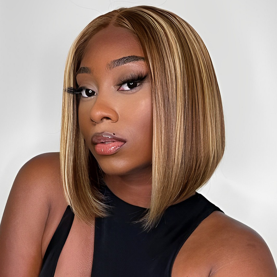Glueless Human Hair P4/27 Highlight Edges Brown Straight Short Bob Wig 4x4 Lace Front Wigs Preplucked Lace Closure Wig