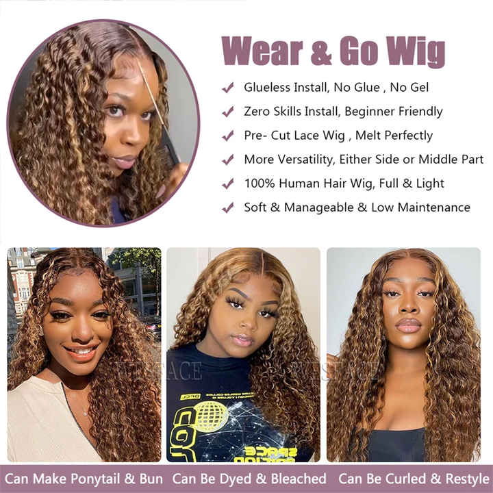 Lumiere Highlight Color P4/27 Deep Wave HD 4x4 & 5x5 lace Pre-cut Glueless Wig With Baby Hair